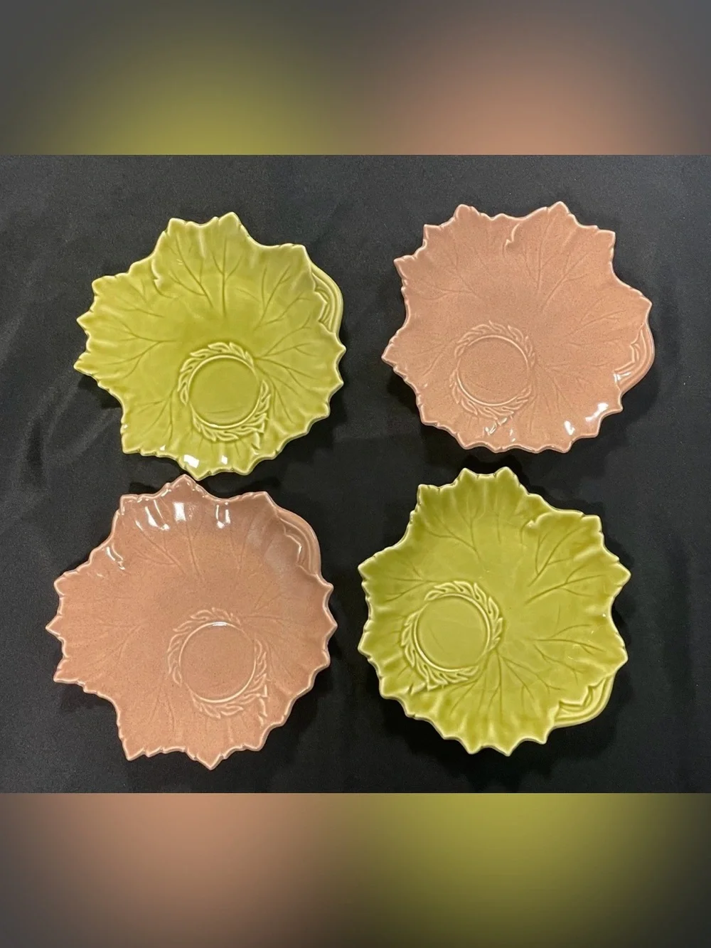 Vintage Woodfield Steubenville 4 Leaf Cup & 4 Saucer Set Pink Green Pottery 8pc
